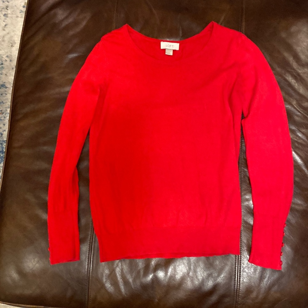 Loft Red Thin Sweater, decorative buttoned sleeves, size small